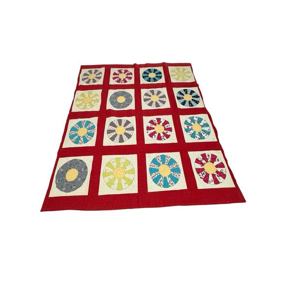 Antique Vintage Dresden Plate Quilt Red Sashing Hand Stitched 66x74” Patchwork - Picture 6 of 14